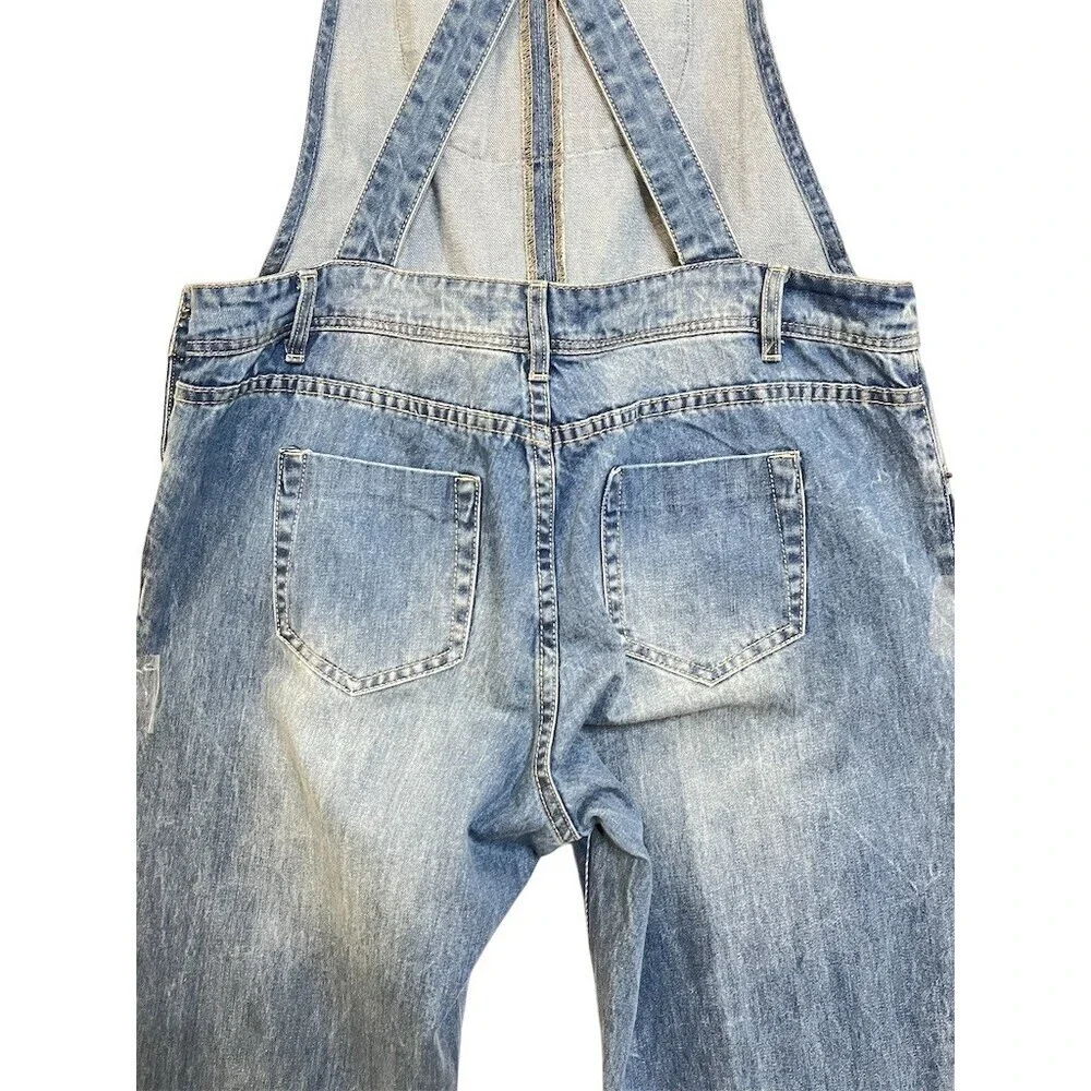 Lulus Women’s Denim Bib Overalls L Blue Distressed Straight Leg Adjustable